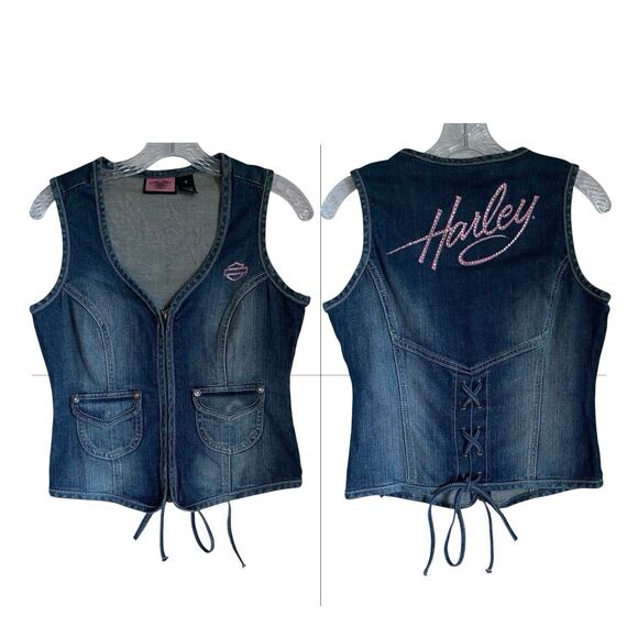 Harley Davidson Vest Jean S Blue Zip Up Embroidered Rhinestones Tie Back - Picture 1 of 12